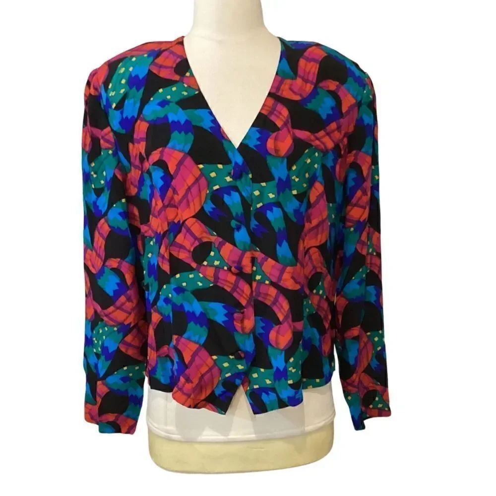 Vintage Pia Rucci 100%% Silk Button Multicolor Blouse Top Large